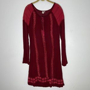 SOUL FLOWER Burgundy Embroidered Long Sleeve Viscose Dress Size Small